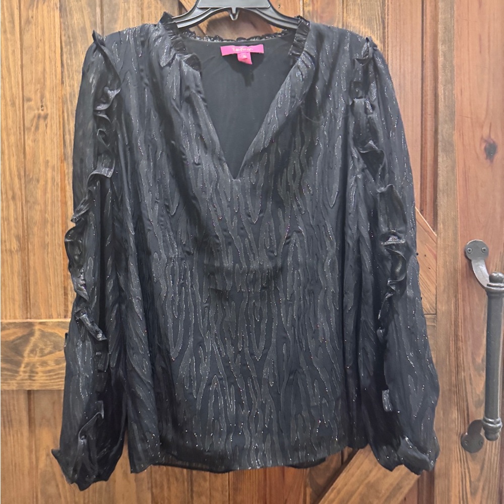 Lilly Pulitzer Black Blouse with Tonal Pattern and Minimal Sparkle